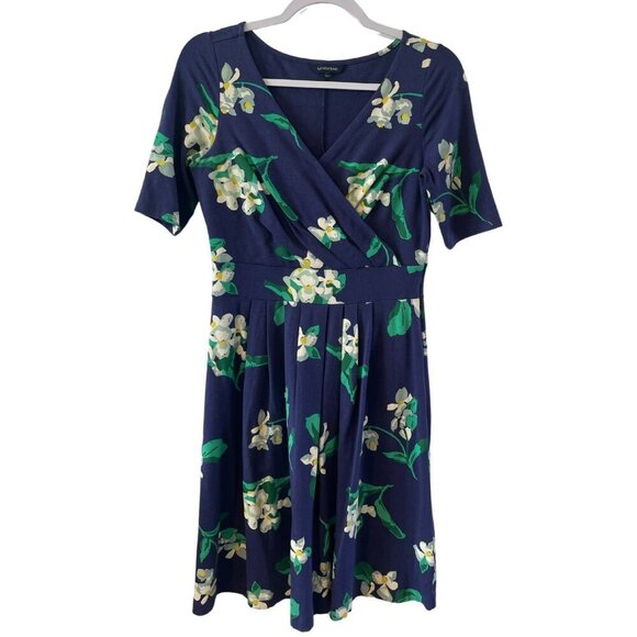 Lands End Womens 2-4 Navy Floral Short Sleeve Front Wrap Dress Cotton Blend - Picture 1 of 4